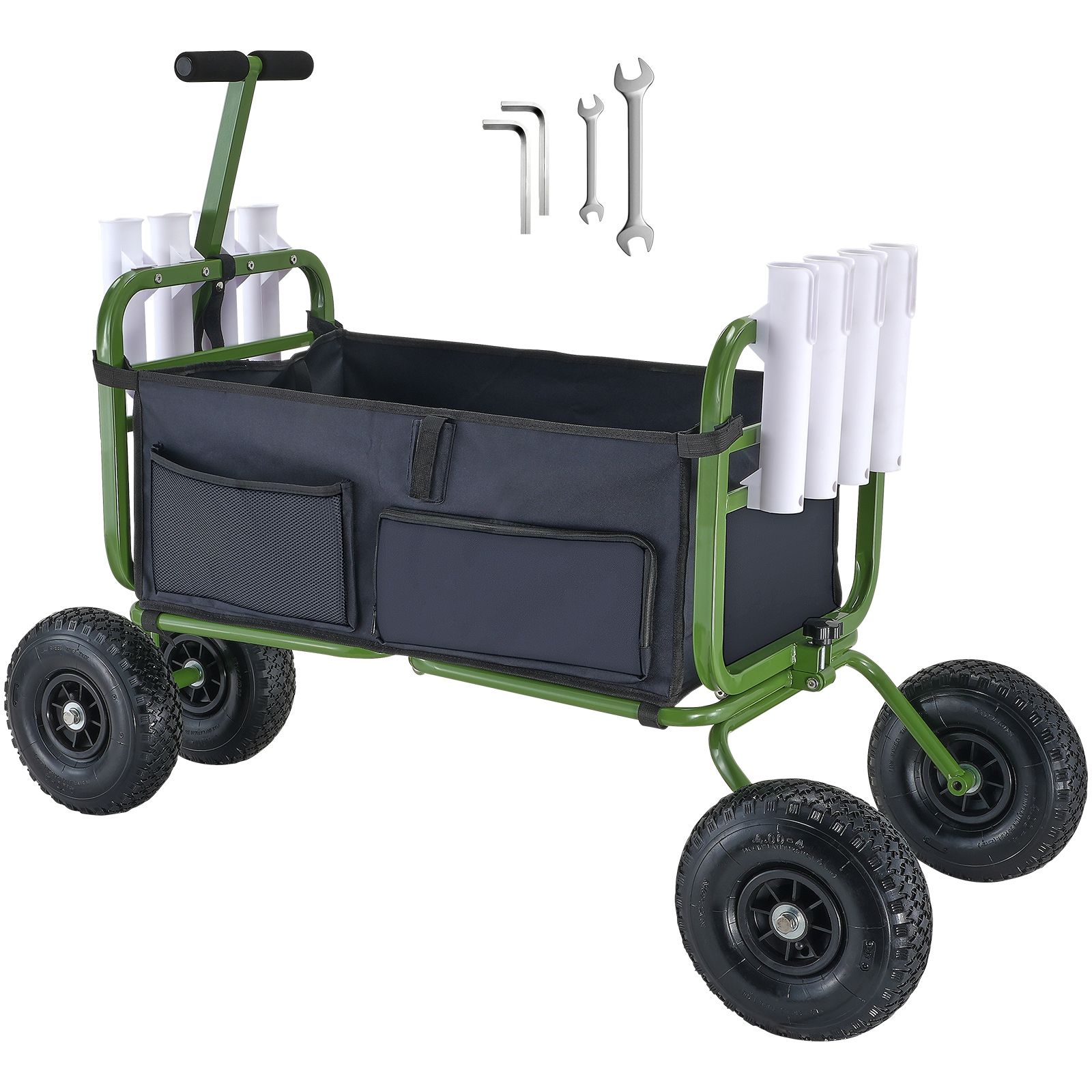 Beach Fishing Cart, 136kg Load Capacity, Foldable Fish and Marine Cart with Four 280mm Big Wheels Rubber Balloon Tires, Heavy-Duty Steel Pier Wagon