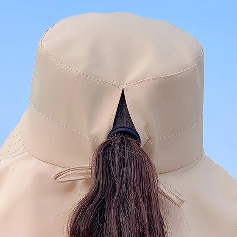 khaki Fashion Wide Brim Sun Hat with Ponytail Hole - Bohemian Baseball Cap Design, Visor, Breathable Polyester — image 2