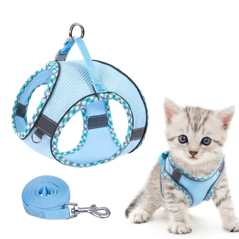 Adjustable Dog and Cat Harness with Leash Reflective Soft Secure Fit Light Blue, S