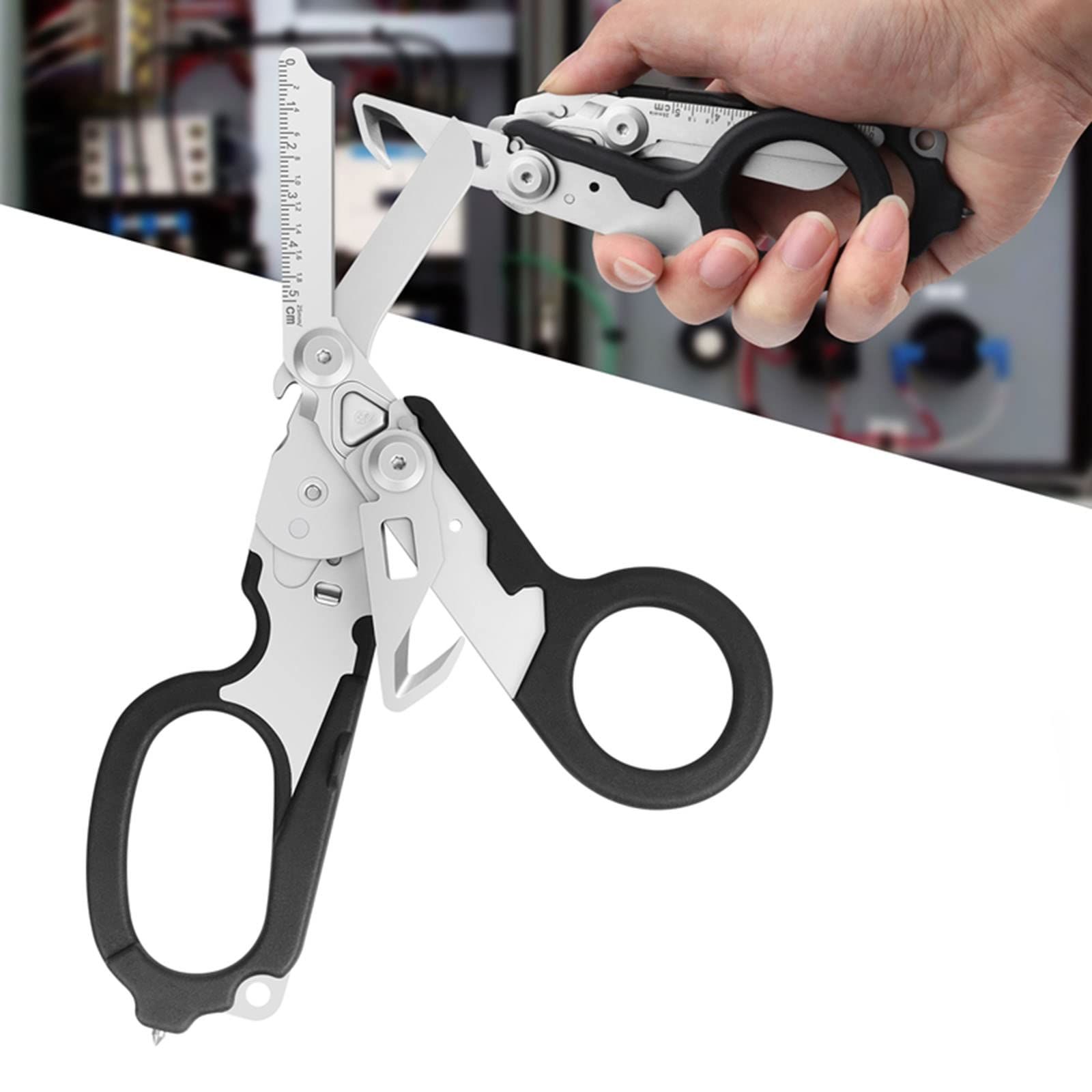 Emergency Response Shears, Stainless Steel Foldable Scissors Pliers, Outdoor Camping Rescue Scissors Tools (Black)
