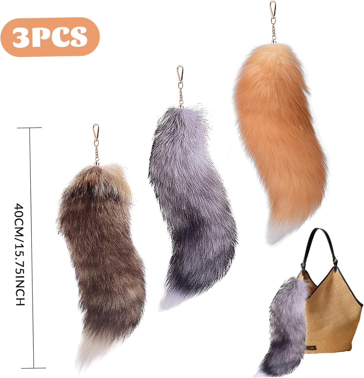 40cm Therian Fox Tail with Lock, Fluffy Faux Fur Fox Tail Keychain Faux Wolf Tail Cosplay Handbag Accessory Costume for Women Adult_tfrf — image 5