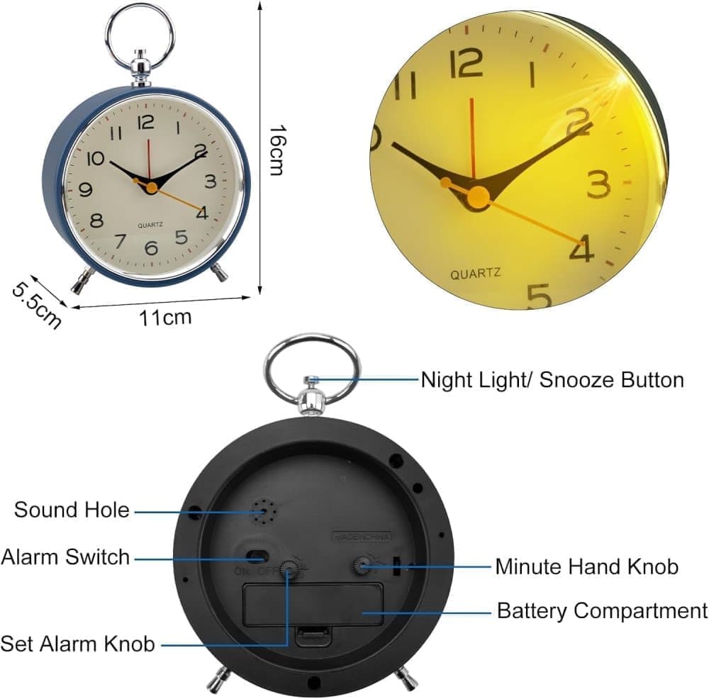 Analog Alarm Clock with Snooze Button, Retro Design and Lighting, White, 16x11 cm — image 5