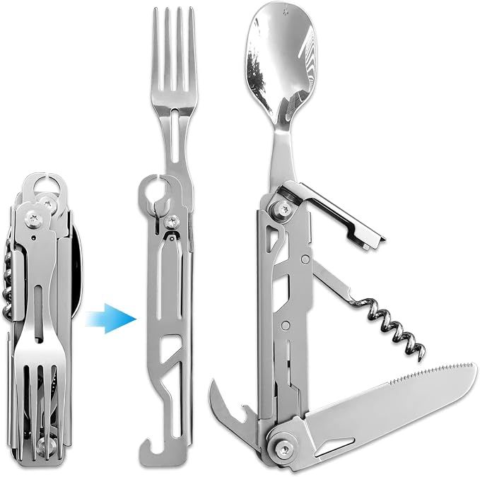 6 in 1 Detachable Camping Utensils Flatware Set, Multifunction Travel Pocket Cutlery Folding Spoon, Fork, Knife, Wine Bottle Can Opener Portable Combo Set
