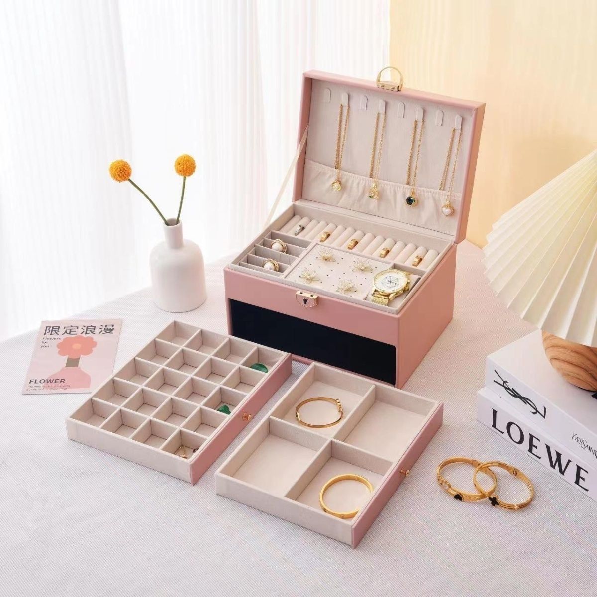 Pink Large Lockable Jewellery Box with 3 Drawers PU Leather Jewellery Organiser Case for Rings Earrings Necklaces Watches and Bracelets โ image 2