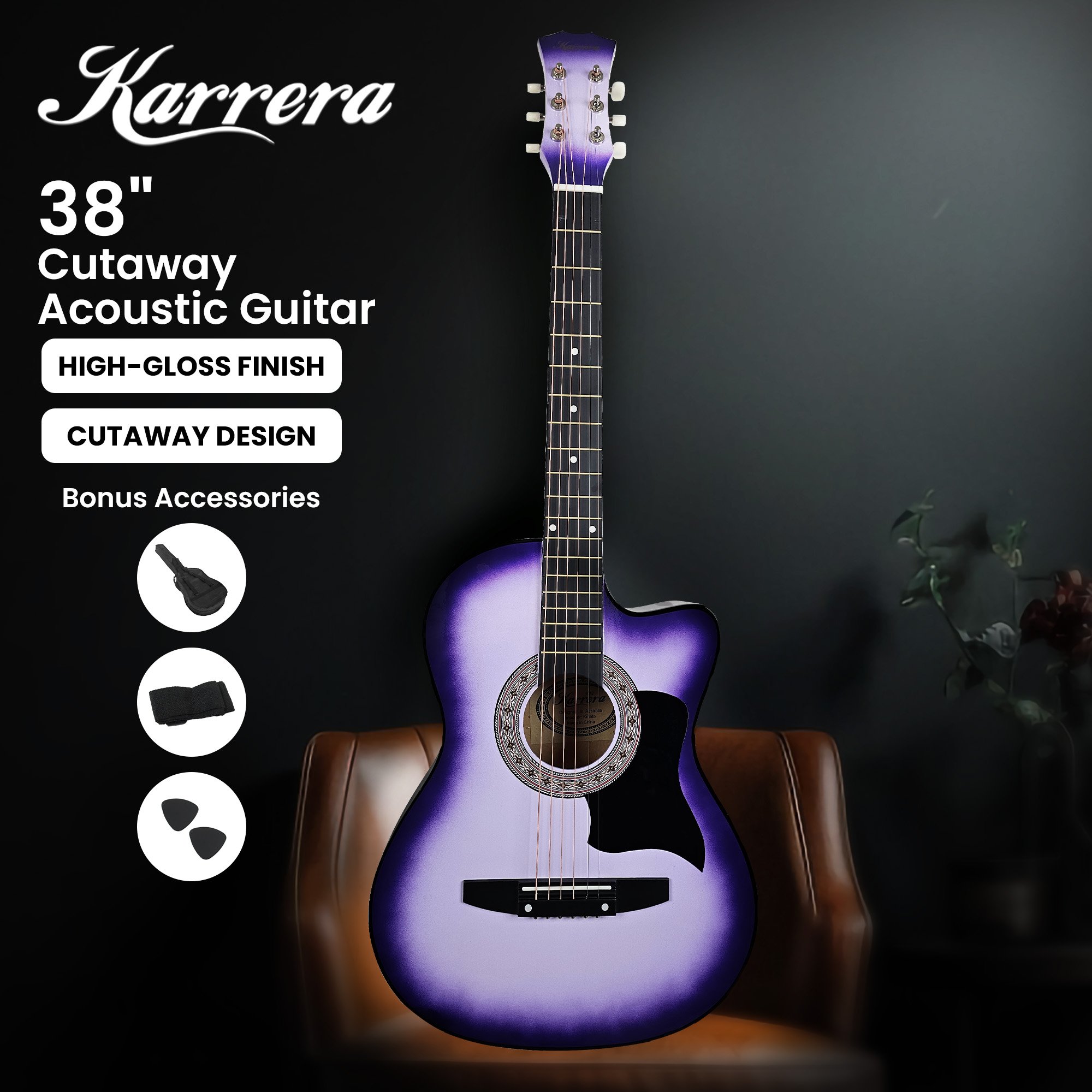 Karrera 38in Cutaway Acoustic Guitar with guitar bag - Purple Burst — image 3