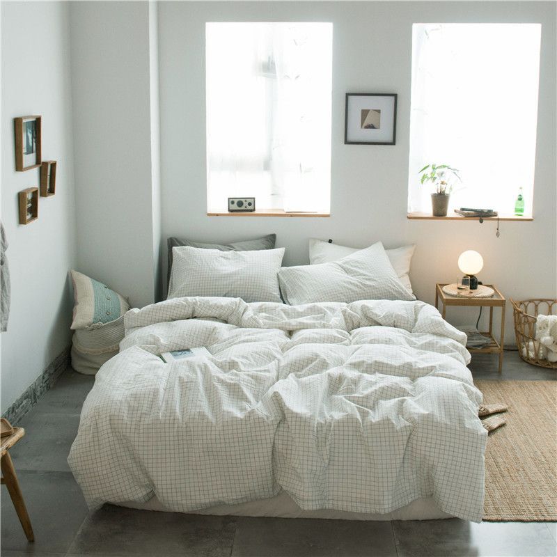 Cotton 4 Piece Set Modern Minimalist White Bed hat kit_1.5m bed-quilt cover 200x 230cm (four-piece set)