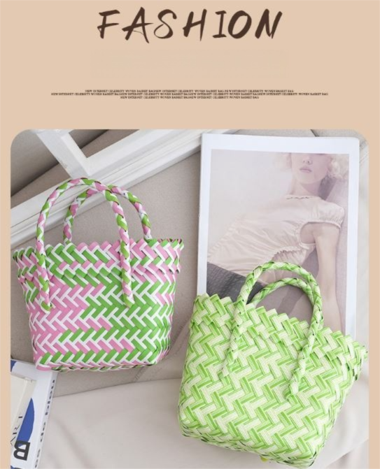Handwoven Fresh PP Tote Bag with Upright Square Structure & Flower Deco, Durable Mini Spring Picnic Basket and Favour Handbag 16x16x9cm, Pink Yellow โ image 5