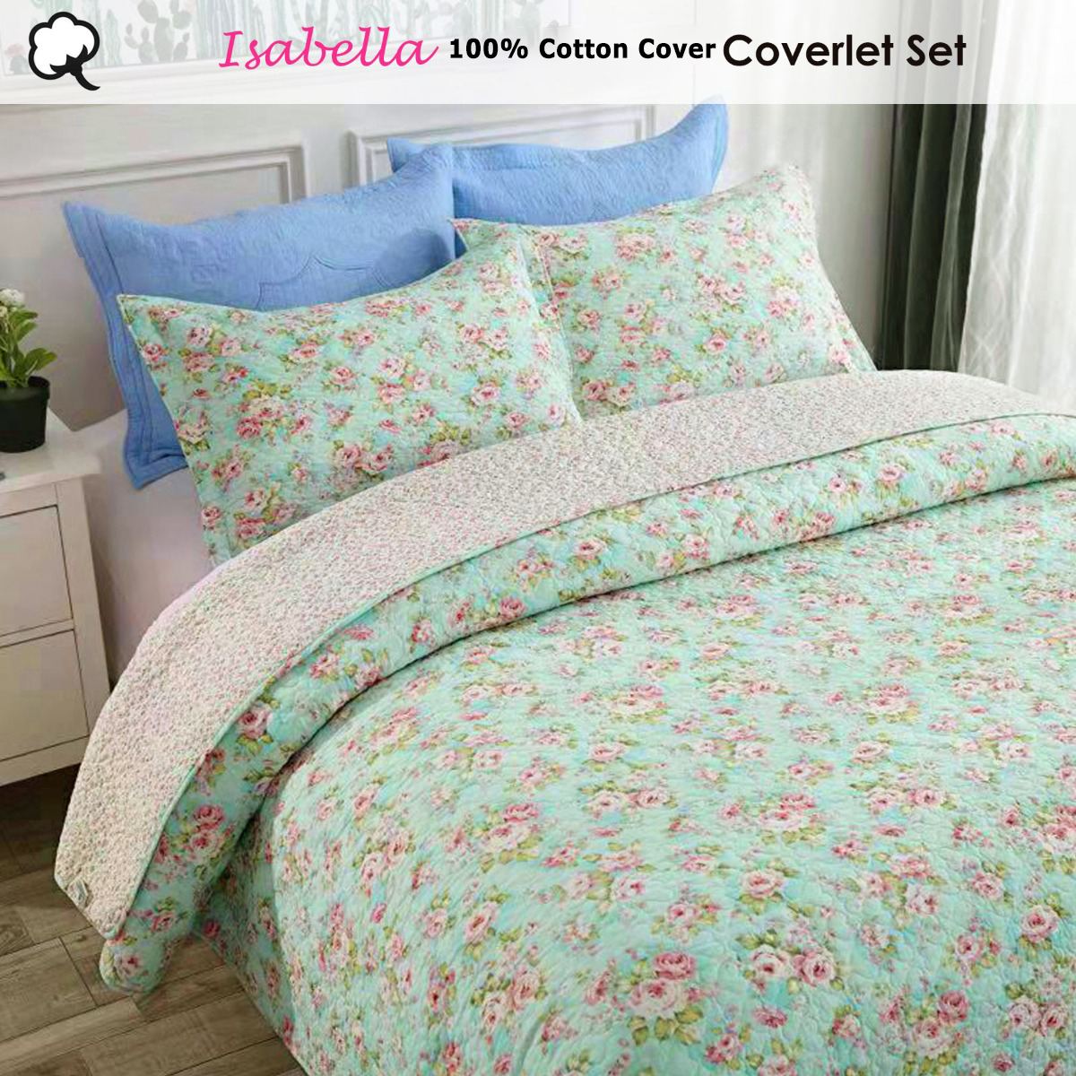 100% Cotton Cover Lightly Quilted Coverlet Set Isabella Multi Queen — image 2