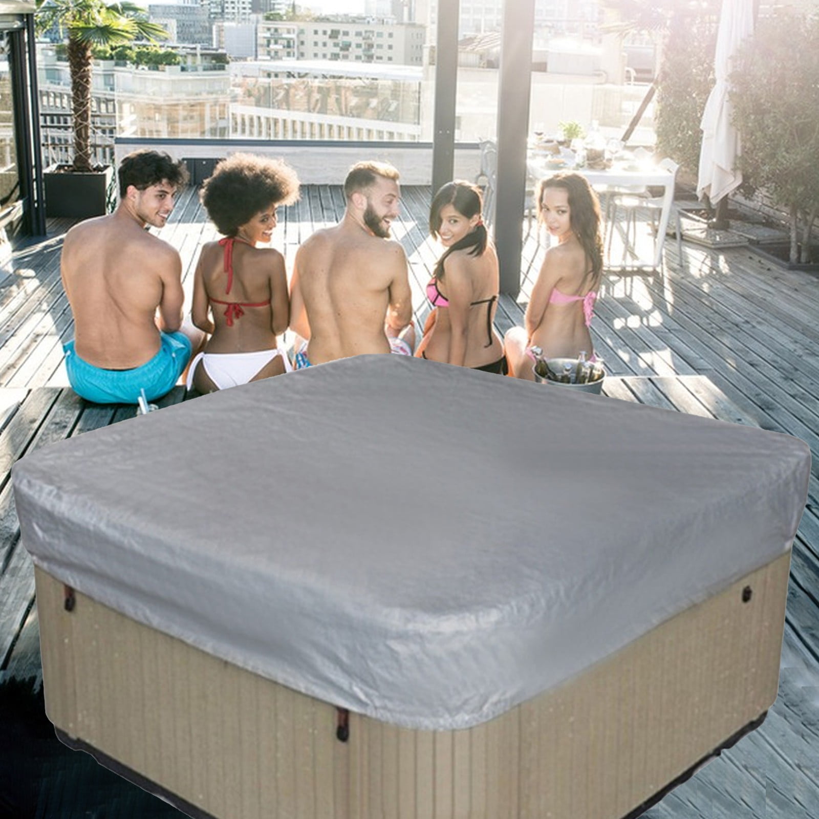 Waterproof Square Hot Tub Cover with Drawstring, Outdoor Spa and Jacuzzi Dust Protector for Patio Use, 220 x 30 cm, Beige โ image 4