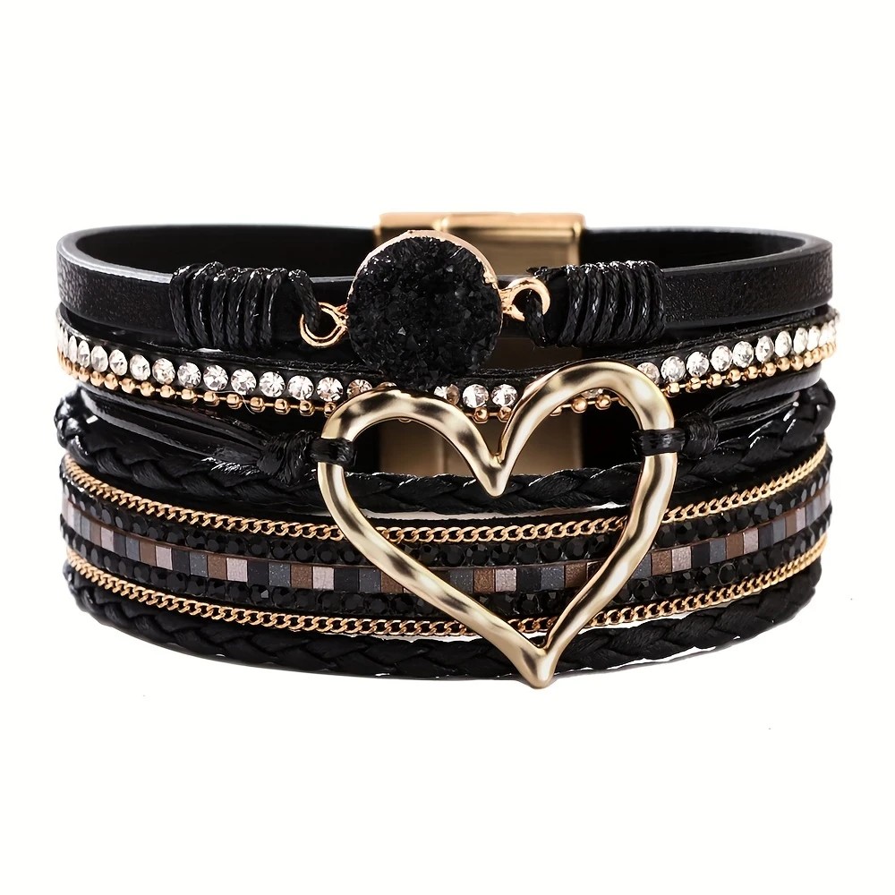 Bohemian Braided Leather Bracelet, Multi-layer Design with Metal and Crystal Accents, Rose Gold Square Clasp with Heart Crystal, Embodying Casual Romantic โ image 3