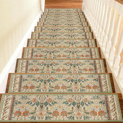 4 Pcs Yellow Vintage Floral Non Slip Stair Treads, Adhesive Carpet Runners for Wooden Steps Pets and Seniors, 8 × 30 in
