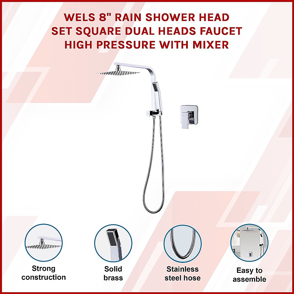WELS 8" Rain Shower Head Set Square Dual Heads Faucet High Pressure With Mixer โ image 3