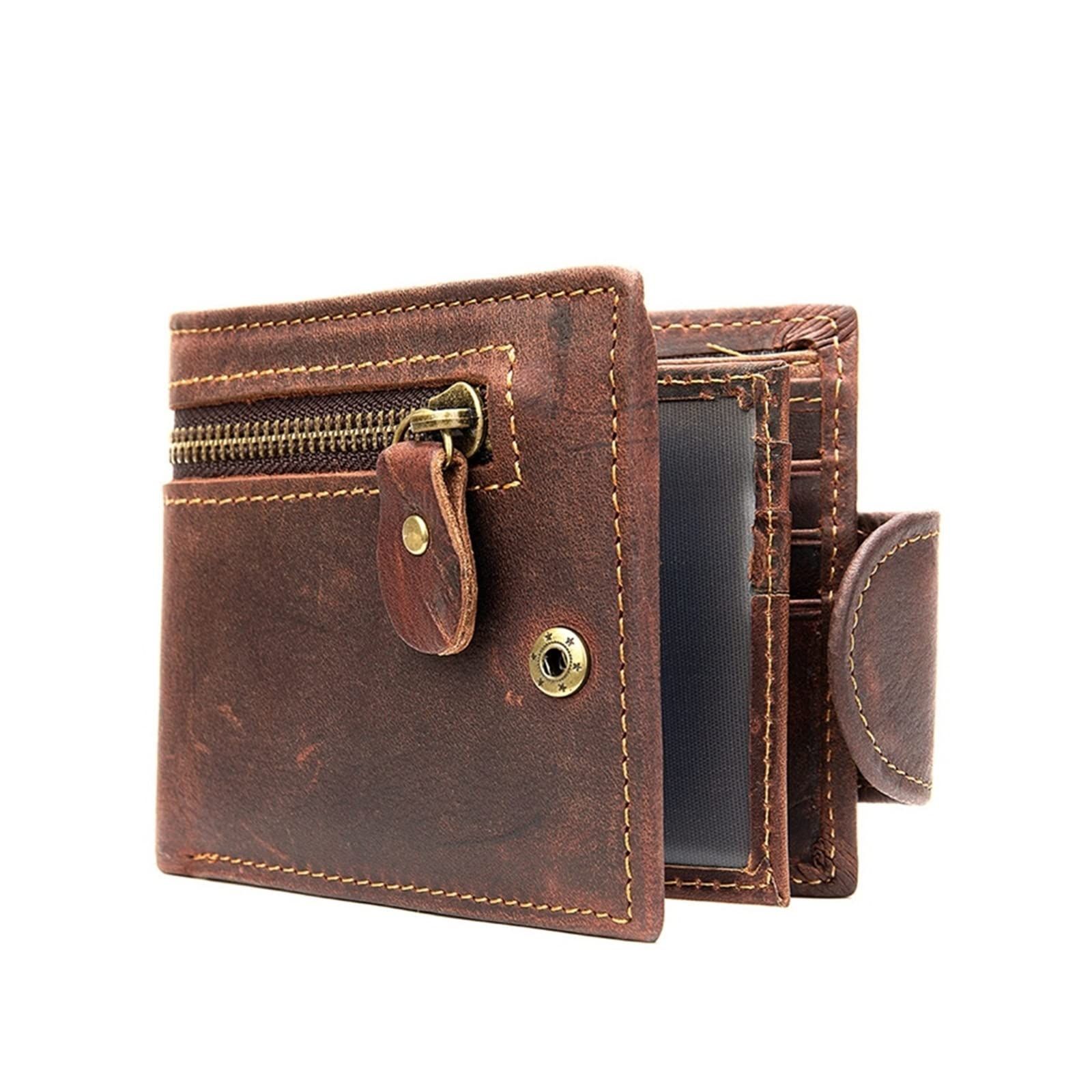 Leather Snap Wallet for Men, Multifunctional Large Capacity Vintage Wallet Bifold Zipper Wallet Men Short Head Cowhide Wallet (Brown)