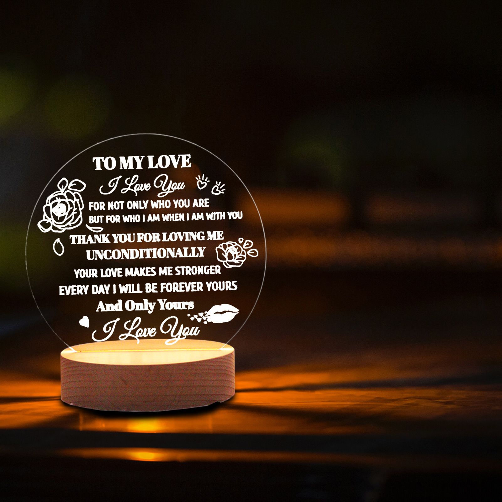 Decorative Night Light Acrylic Plate Wooden Base Warm Light Lamp for Bedroom Study Room — image 4