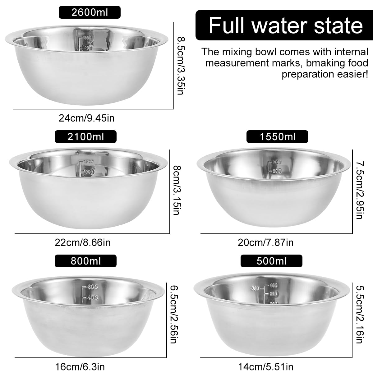 5-Piece Stainless Steel Mixing Bowl Set for Baking, Salad, Dough & Food Prep – Nesting Design with Measurement Marks and Durable Finish (Silver) — image 3