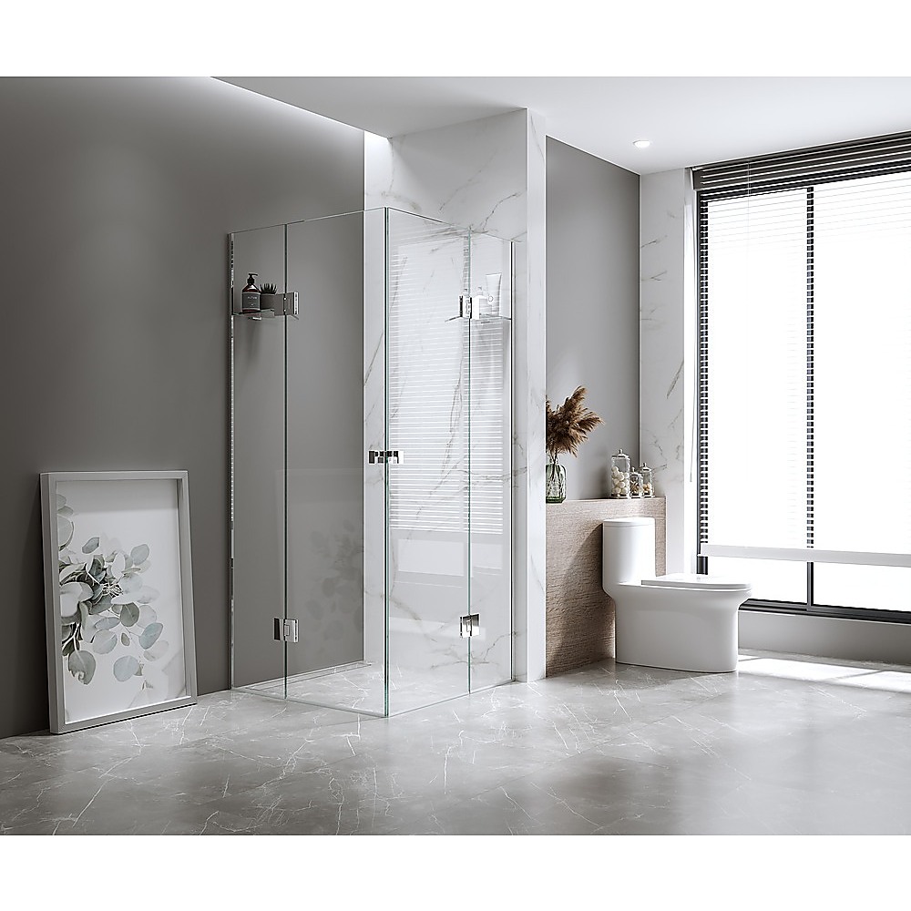 100x120cm Double Door Corner Shower Screen – Channels with Brass Hinges in Black, Square Double Pull Handles