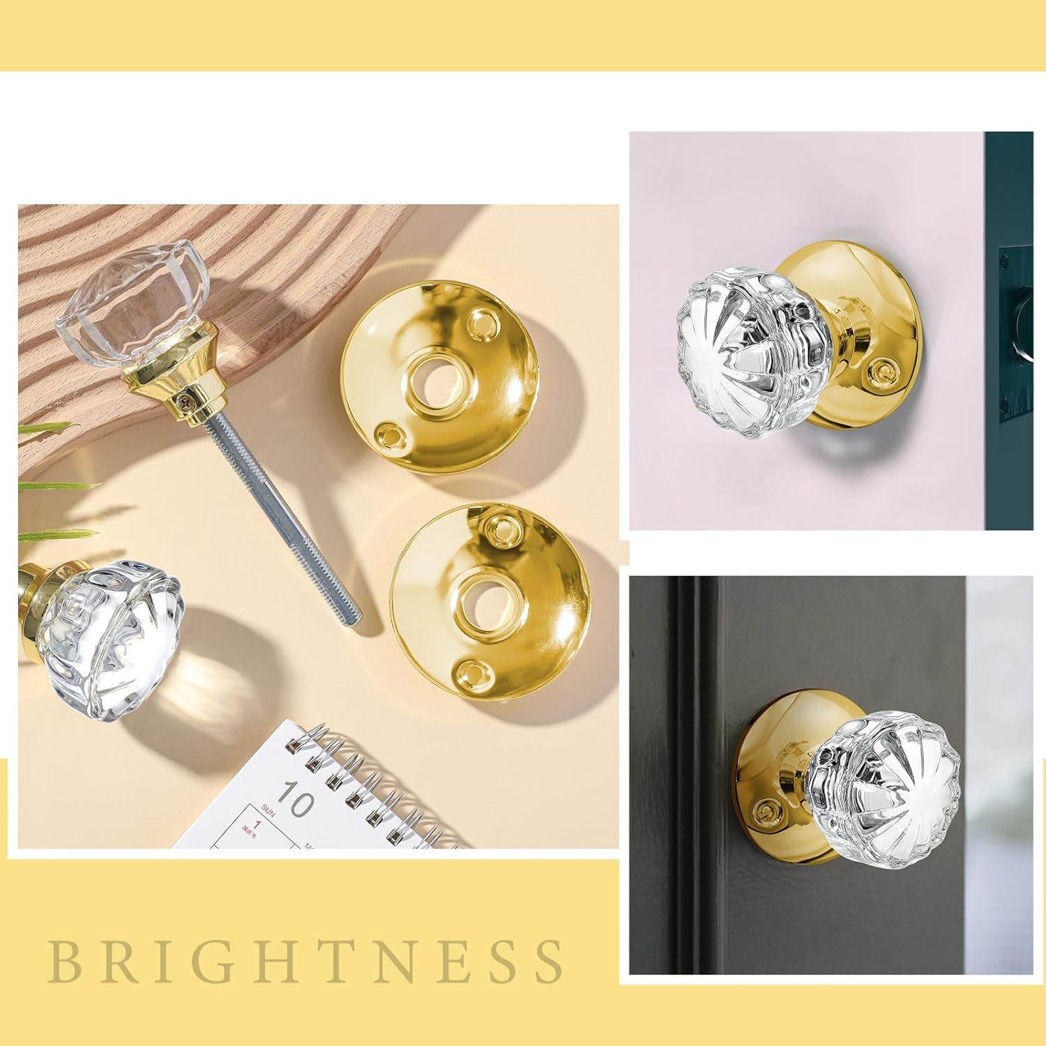 Amylove 1 Set Glass Door Knobs Antique Crystal Door Knobs Vintage Mortise Style Fluted Replacement Kit with 2-1/2 in Satin Brass Privacy for Bedroom โ image 4