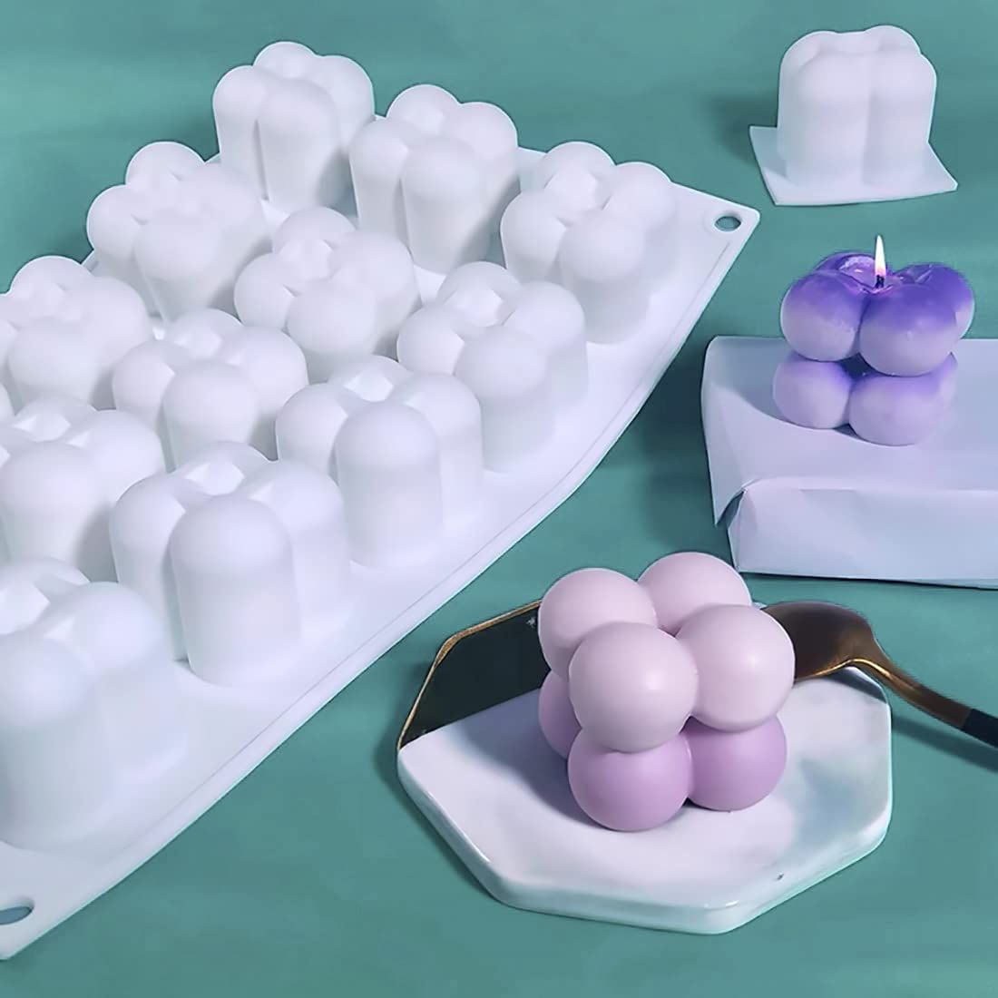 SILICANDO Bubble Candle Silicone Mold, 15 in1 Handmade Soy Wax Mold, 3D Mini Bubble Cube Ball Resin Candle Mold, Mousse Cake — image 4