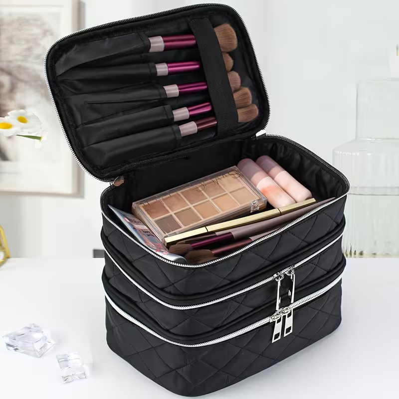 Fashionable and light luxury large-capacity black embroidered diamond-shaped cosmetic bag with three for multi-level storage, portable and hand-held, suitable โ image 3