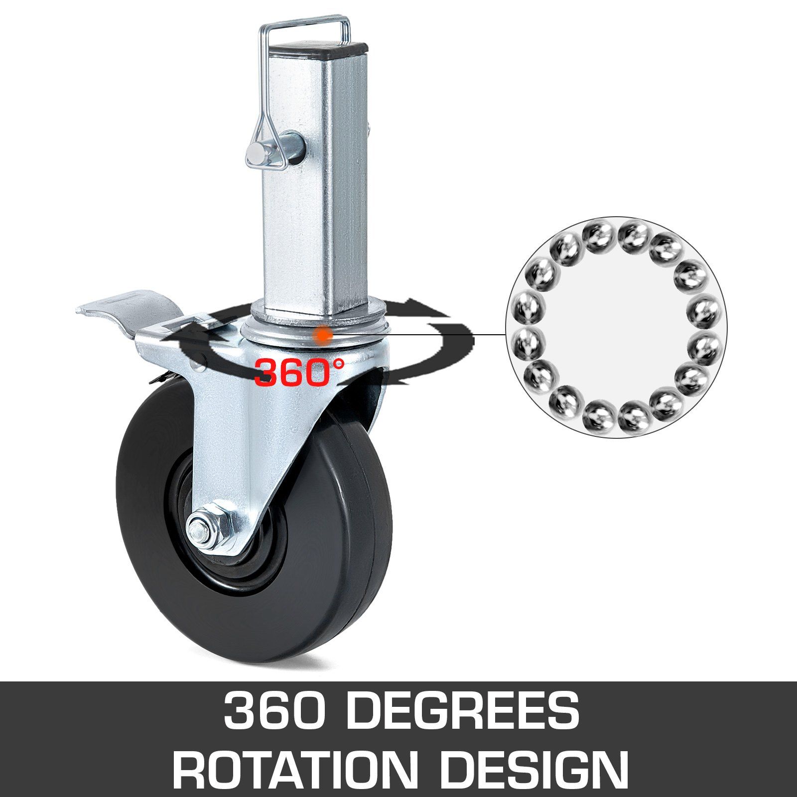 4 Pack 5 Inch Scaffolding Swivel Caster Wheels Heavy Duty Rubber Casters with Dual Locking 1.26 Inch Square Stem 440lbs Capacity per Wheel — image 2