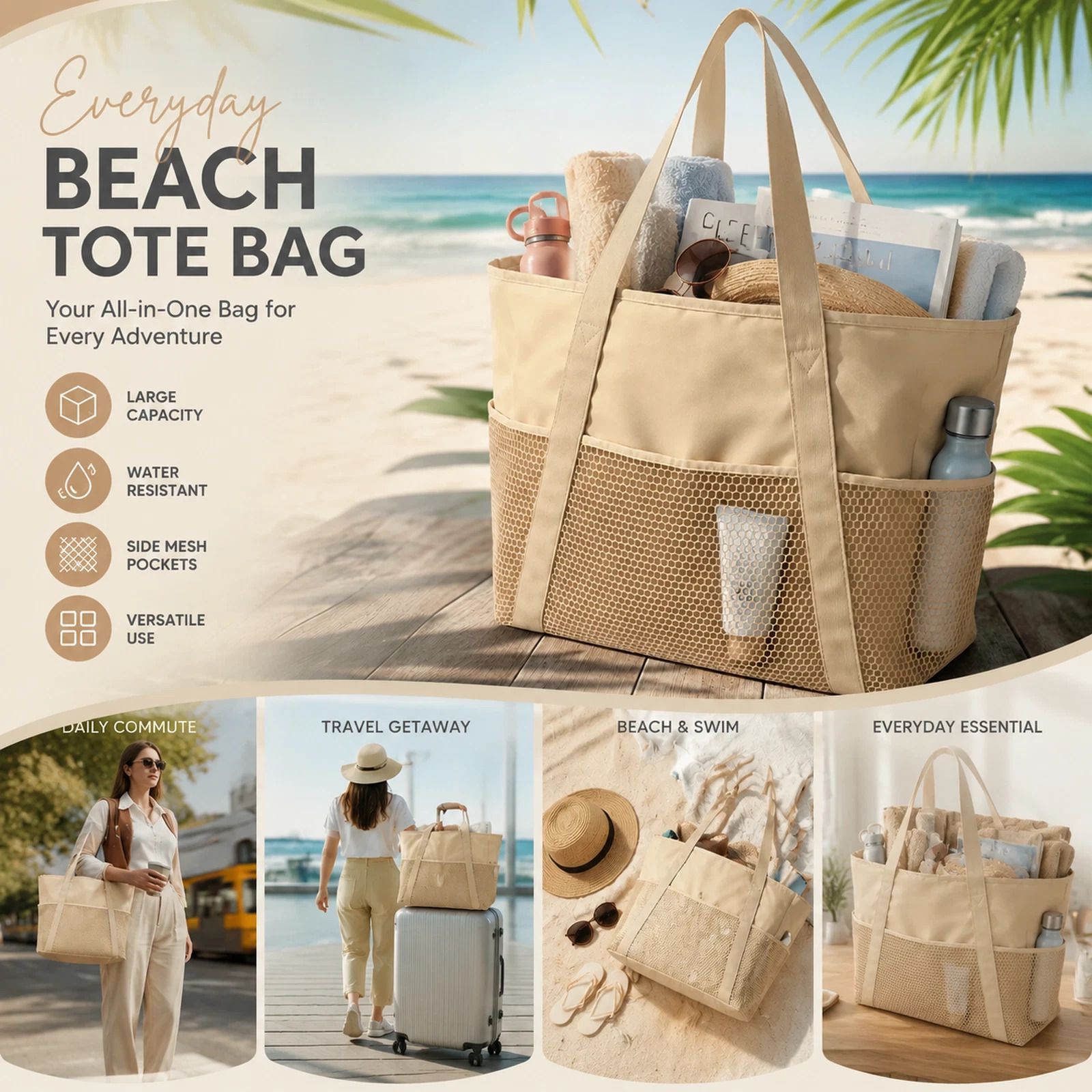 Beige Waterproof Travel Tote Large Capacity Beach Carry Bag