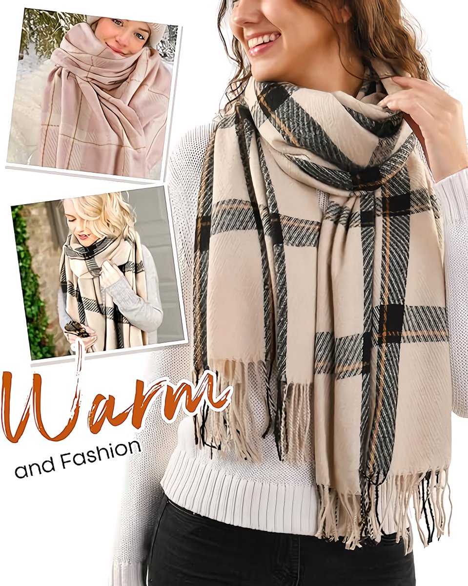Women's Winter Scarf Cashmere Feel Scarf Fringes Checked Large Oversized Scarves Wraps (Green) — image 2