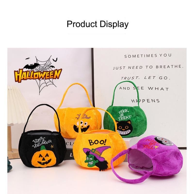 Yellow bag with a pumpkin pattern - Plush Halloween Trick or Treat Candy Bag - Polyester Tote with Embroidered Face, Lightweight Portable Goody Pouch — image 5