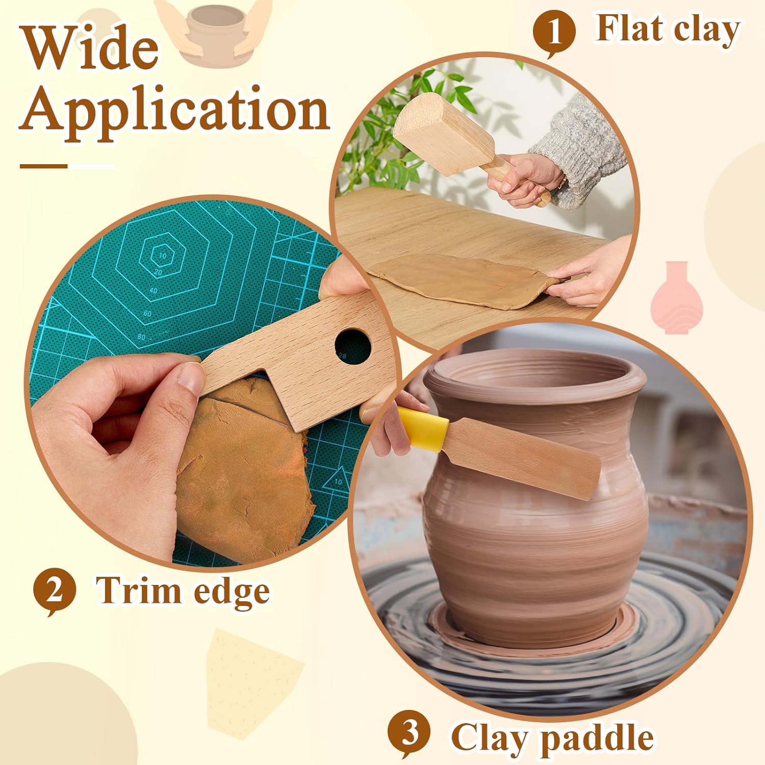 3 Pieces Pottery Clay Tools Set Includes Wooden Paddles Sculpture Pad Bevel Cutter for Angle Cutting Tool Paddle Ceramics Trimming — image 4