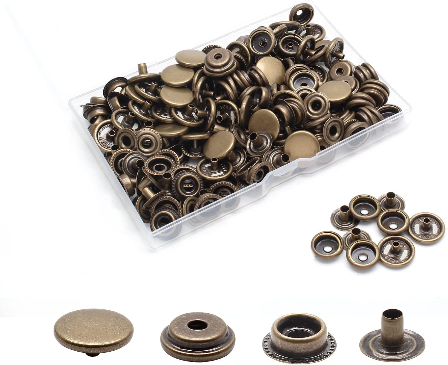 Biaungdo 200pc 15mm Heavy Duty Snap Fasteners Kit, Metal Leather Snap Button Press Stud Cap for Canvas, Marine, Boat, Bronzer (4 Components, 50pc Each) โ image 3