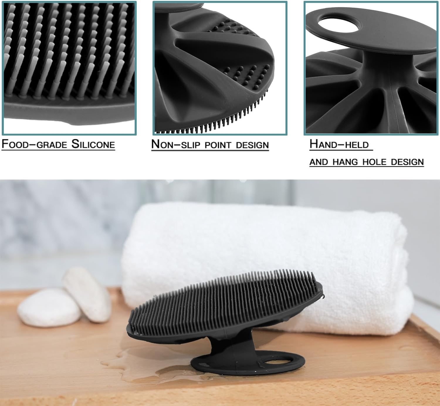 Soft Silicone Body Cleansing Brush Shower Scrubber, Gentle Exfoliating and Massage for All Kinds of Skin (Gray+Black) — image 3