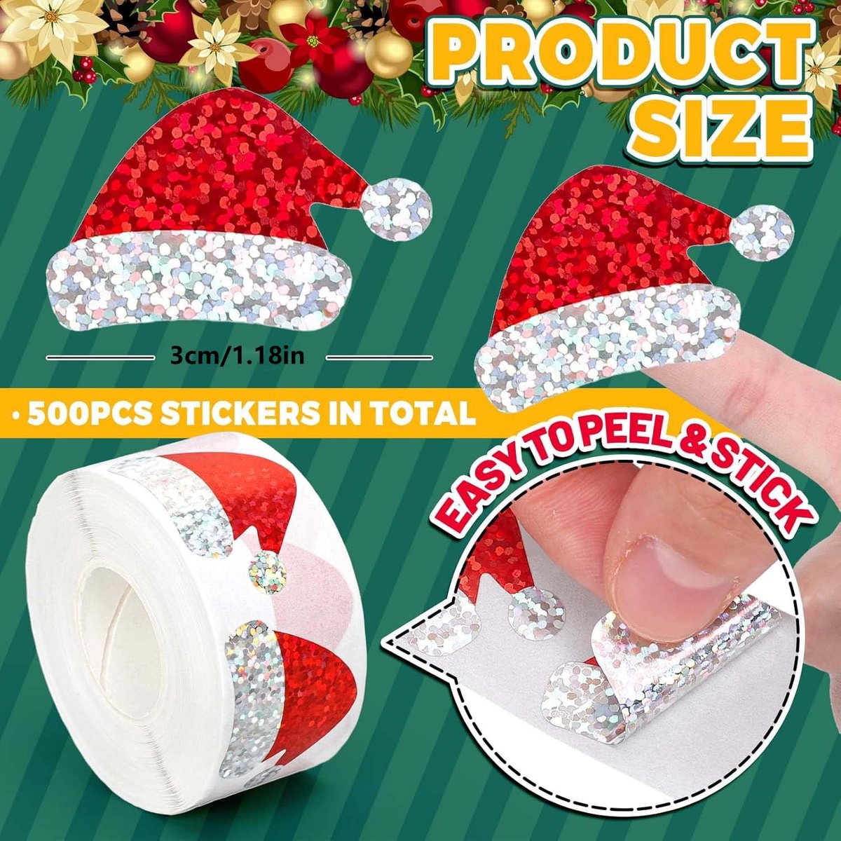 500 Christmas stickers on a roll - 3 cm red Santa hat - self-adhesive stickers for winter - for Christmas, envelopes, invitations, greeting cards, party — image 2