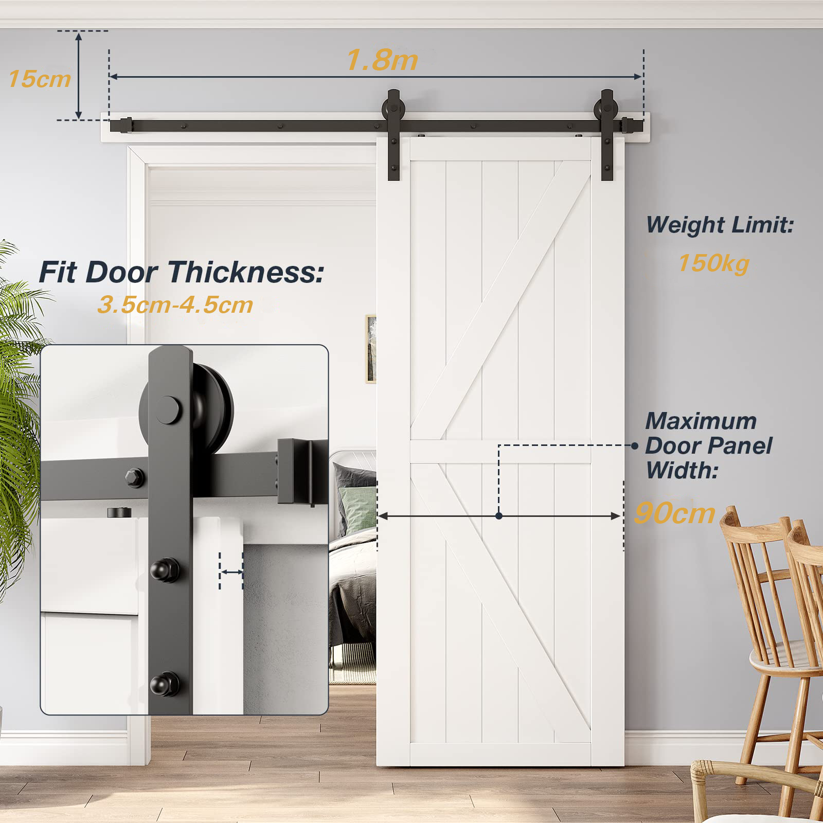 1.8m Heavy Duty Sliding Barn Single Door Hardware Kit Damper Track Rail Roller System โ image 2
