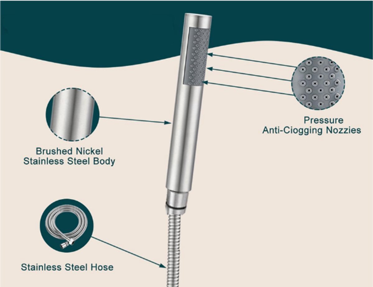 Shower head with 1.5m hose - Hand shower - Universal - Water saving - High pressure - Anti-kink hose - Brushed silver - Stainless steel and ABS - 19 × 3 cm — image 3