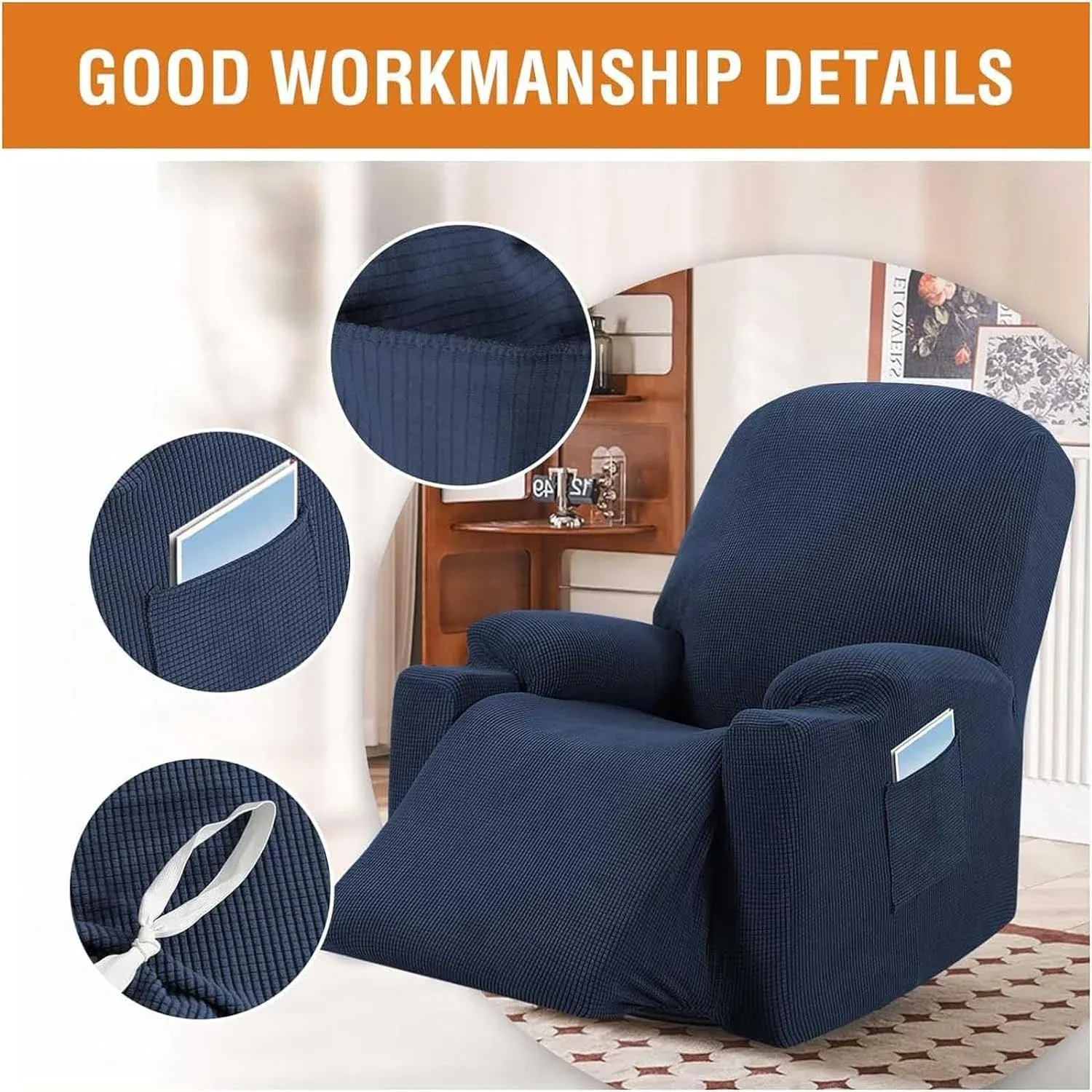 Recliner Slipcover High Stretch Soft Jacquard Fabric with Side Pocket for Standard Power Lift Recliner Chair Navy Blue, Letter F Option โ image 4