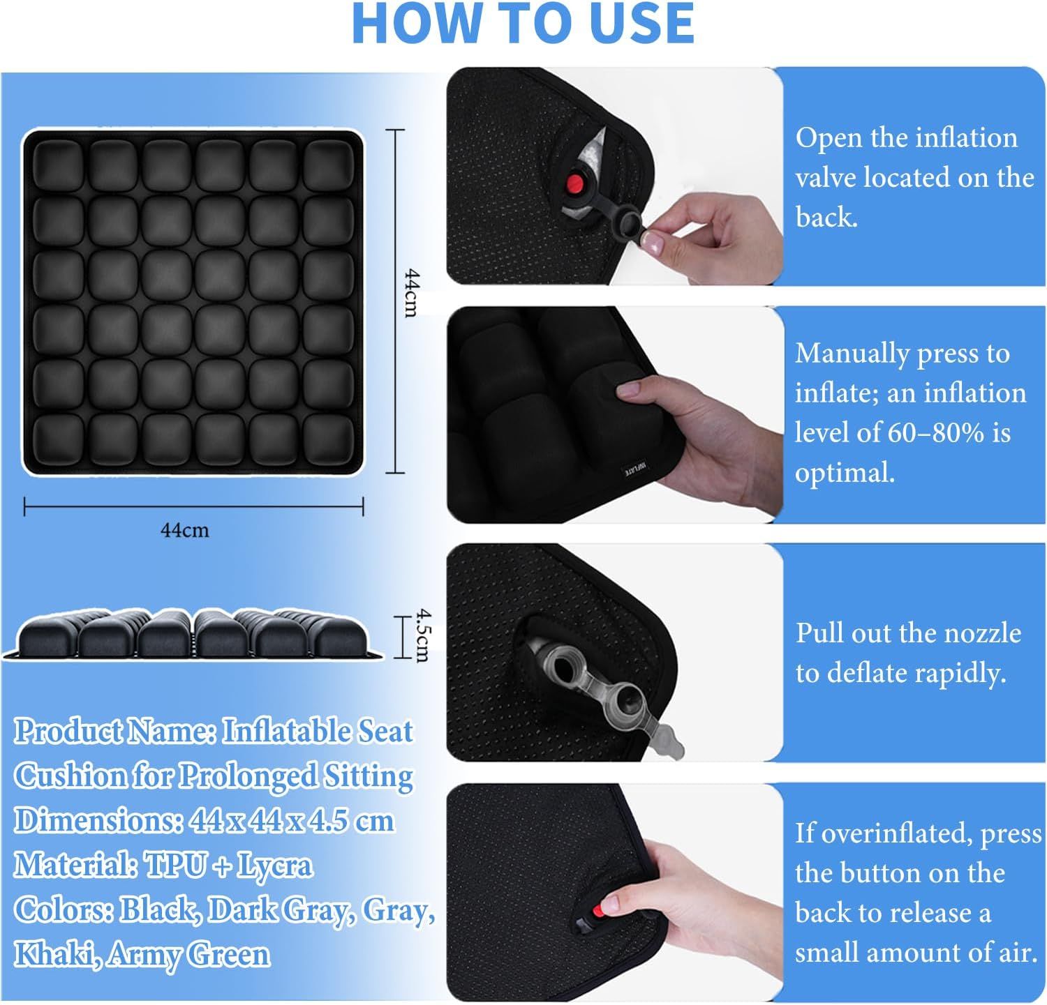 Dark Grey Portable 3D Aircell Travel Inflatable Seat Cushion with Built-in Pump – 36 Airbags Ergonomic Pressure Relief Pad with Lycra Cover & Non-Slip Base for — image 6