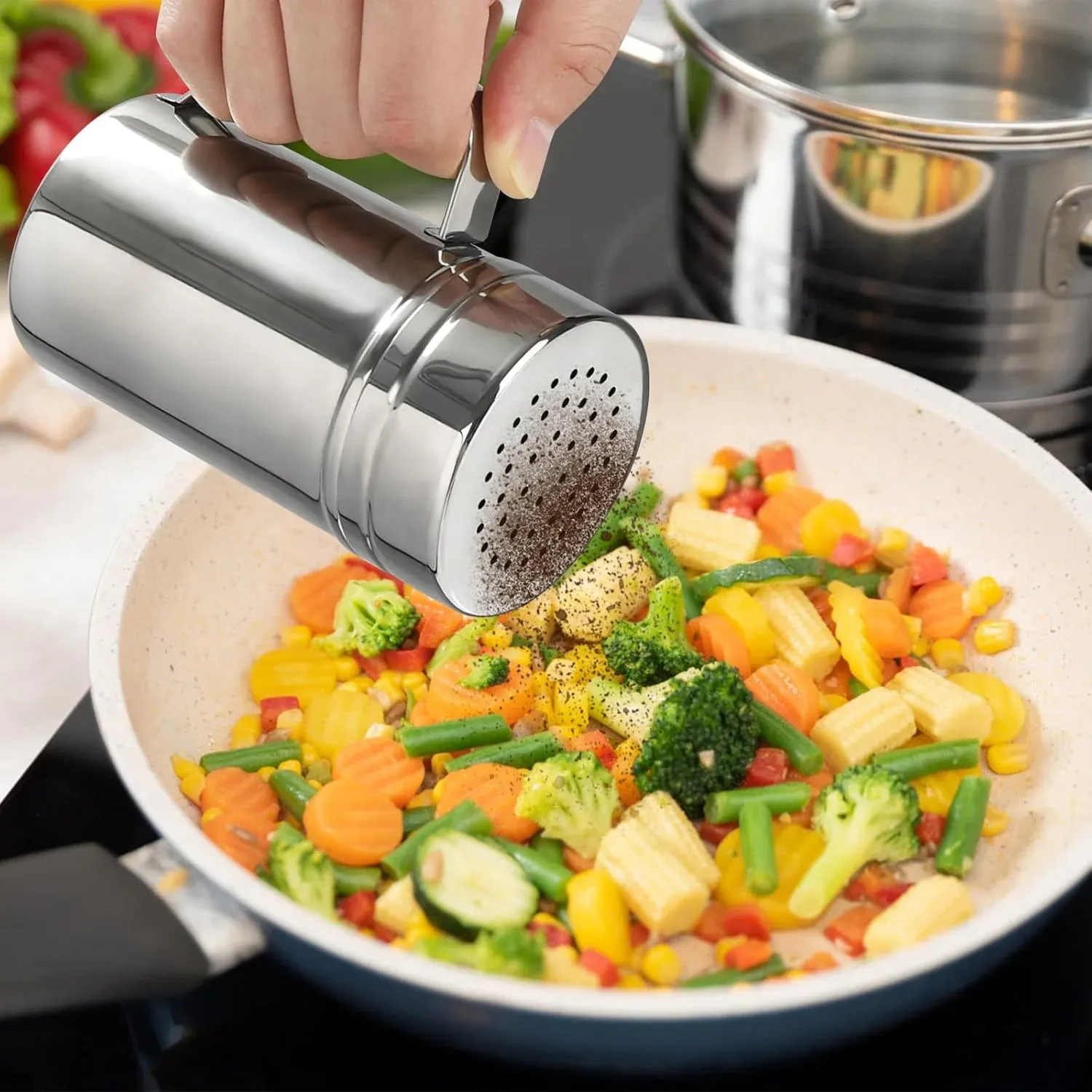 2 Pack Stainless Steel Salt and Pepper Dredge Shakers with Handle and Spice Lids for Kitchen and Dining 14 Ounce — image 6