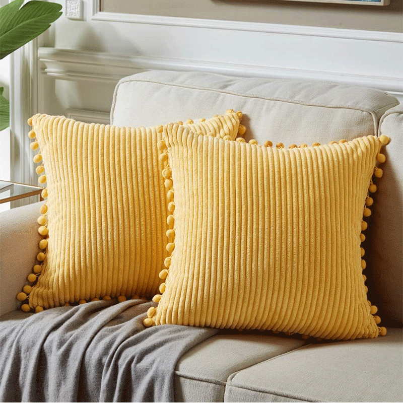 Yellow Soft Corduroy Cushion Covers with Pom Trim - Set of 2 Decorative Throw Pillow Cases for Sofa Couch Bed, 45 × 45cm