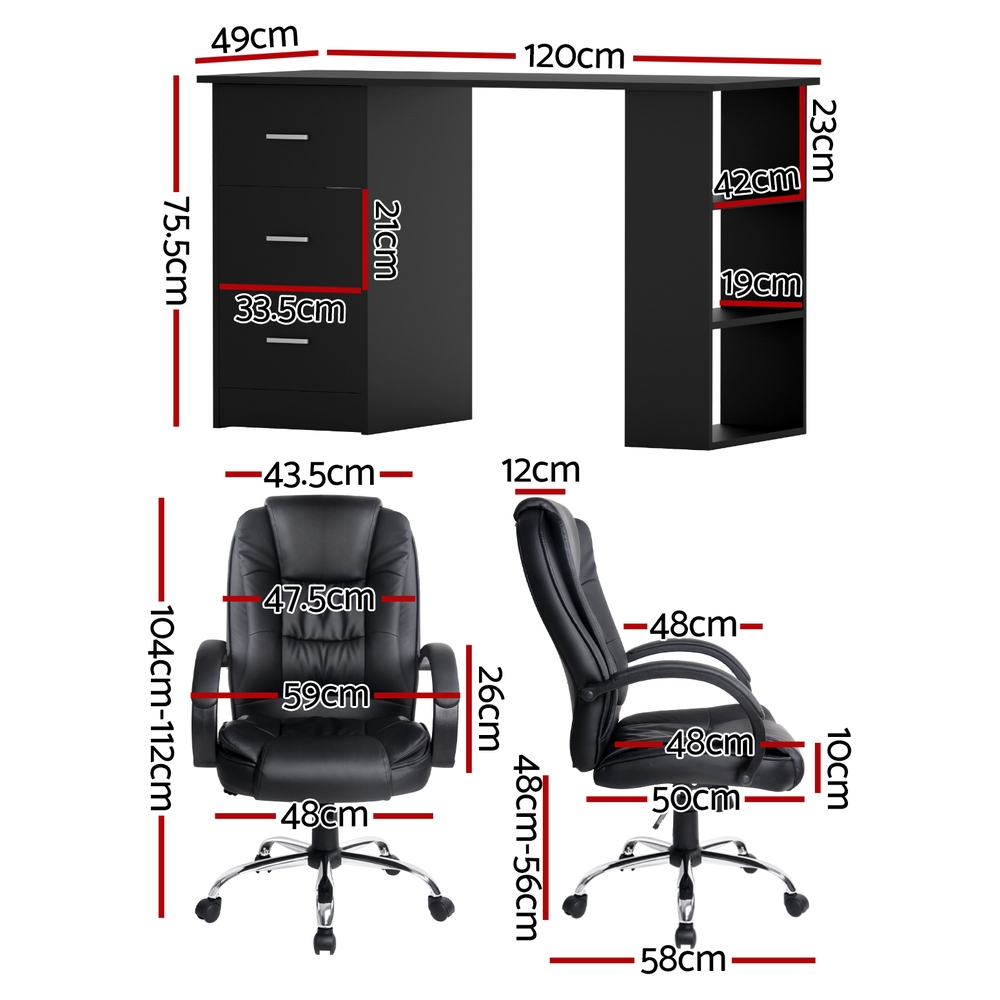 Artiss Computer Desk 120cm Executive Office Chair Set PU Leather High Back Black โ image 2