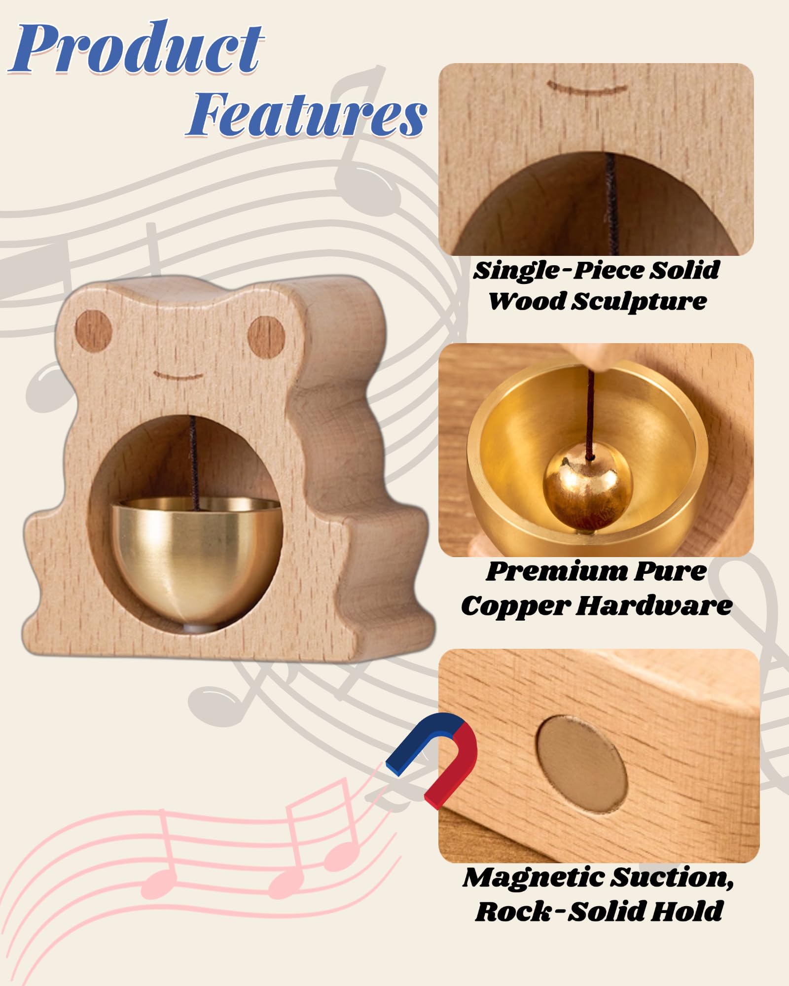 1 Piece Vintage Wooden Door Bell with Copper Chime and Magnetic Mount for Entryways and Bedrooms, Beech Bear Design — image 3