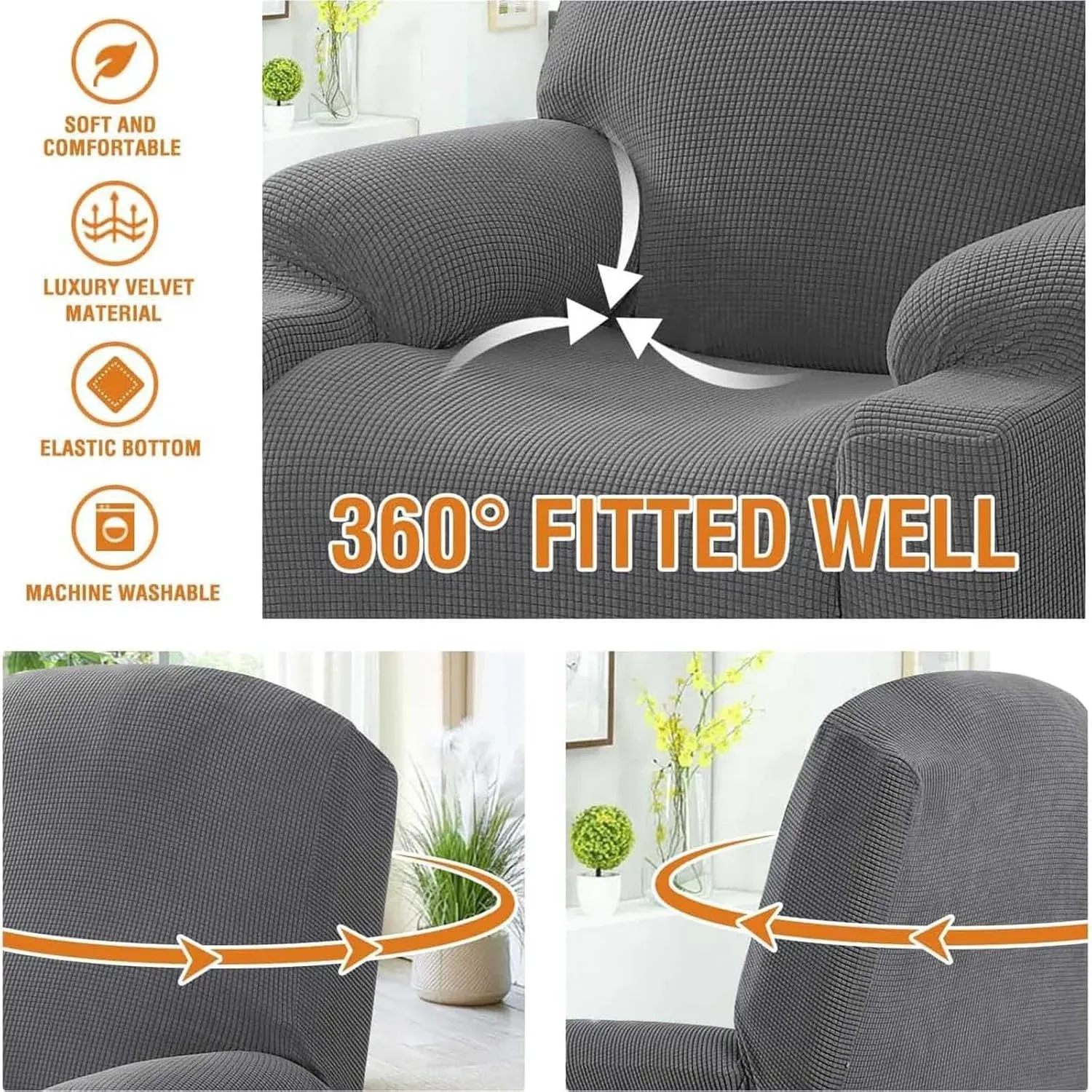 Recliner Slipcover High Stretch Soft Jacquard Fabric with Side Pocket for Standard Power Lift Recliner Chair Gray, Letter D Option โ image 5