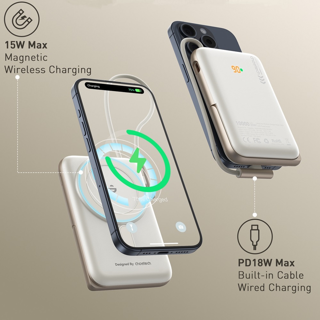 CHOETECH B735-WH 10000mAh 20W MagLeap Wireless Power Bank White with Phone Holder and Build-in Cable — image 3