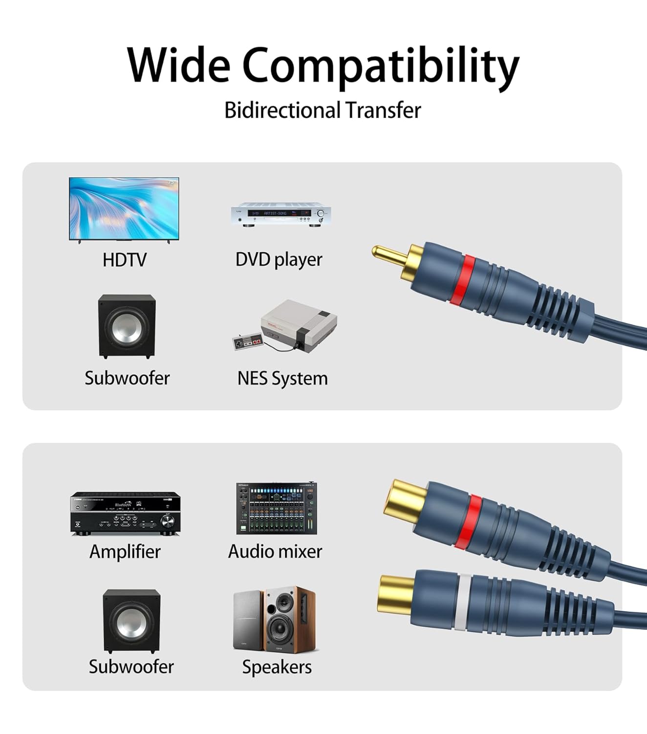 RCA Splitter 1 Male 2 Female 2 Pack, RCA Y Splitter Cable Audio Video Adapter Extension Cord 0.2m/8inch for Subwoofer Speakers — image 4