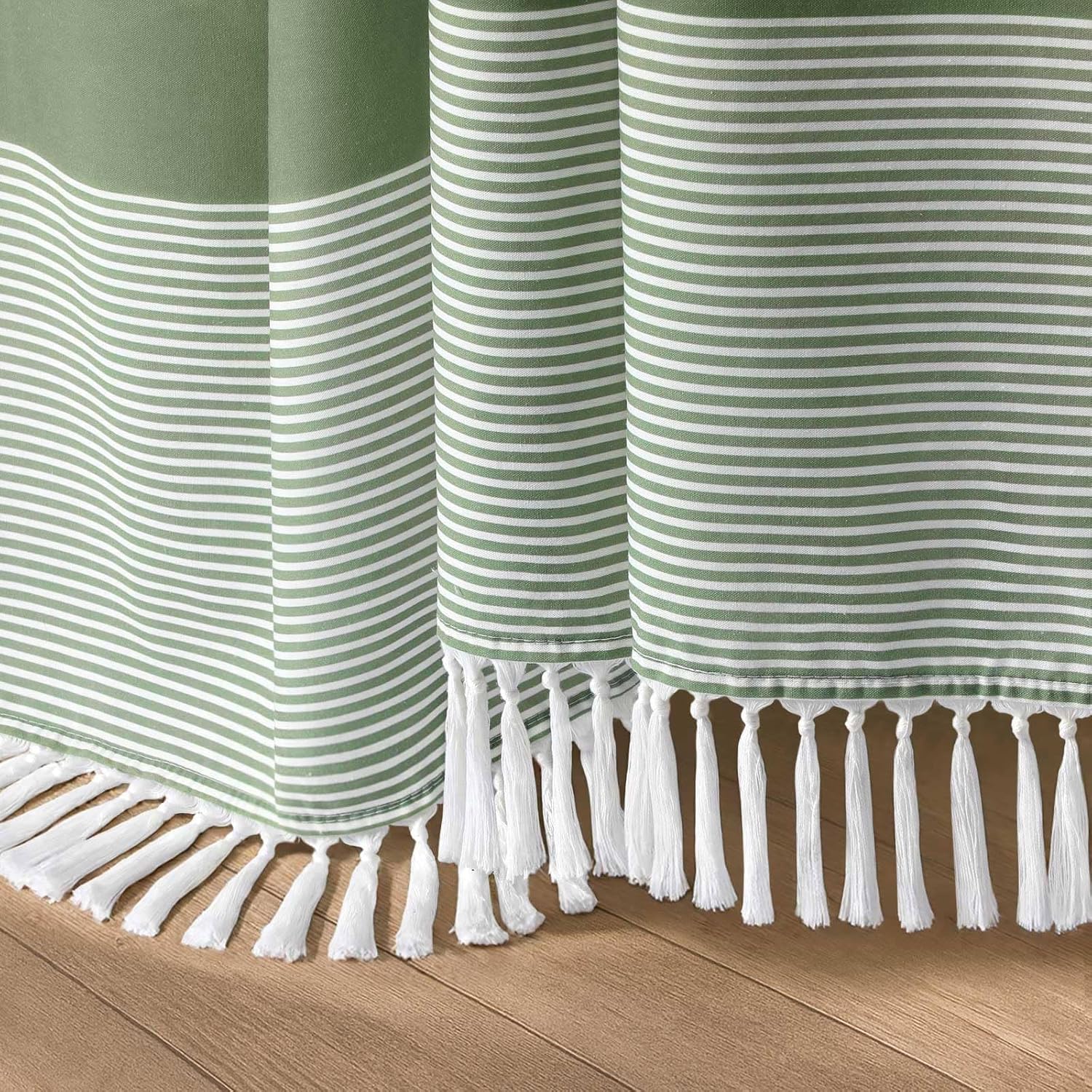 Sage Green Shower Curtain Cotton Boho Striped Shower Curtains for Bathroom with Tassel 72 × 72 — image 6