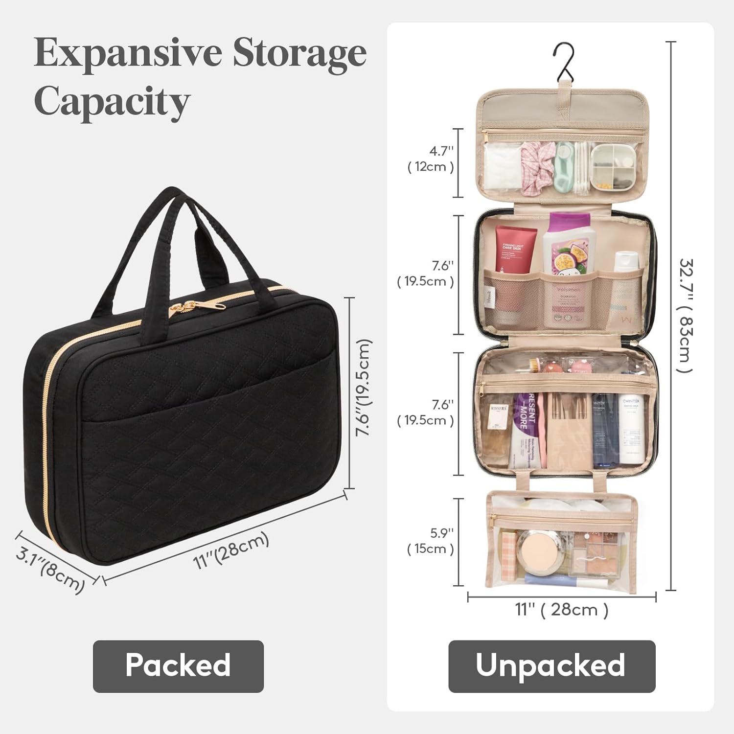 Hanging Toiletry Bag for Women & Men, 4.1L Makeup Bag for Travel Size Essentials, Cosmetic Case with Multiple Pockets and Handles, Black — image 4