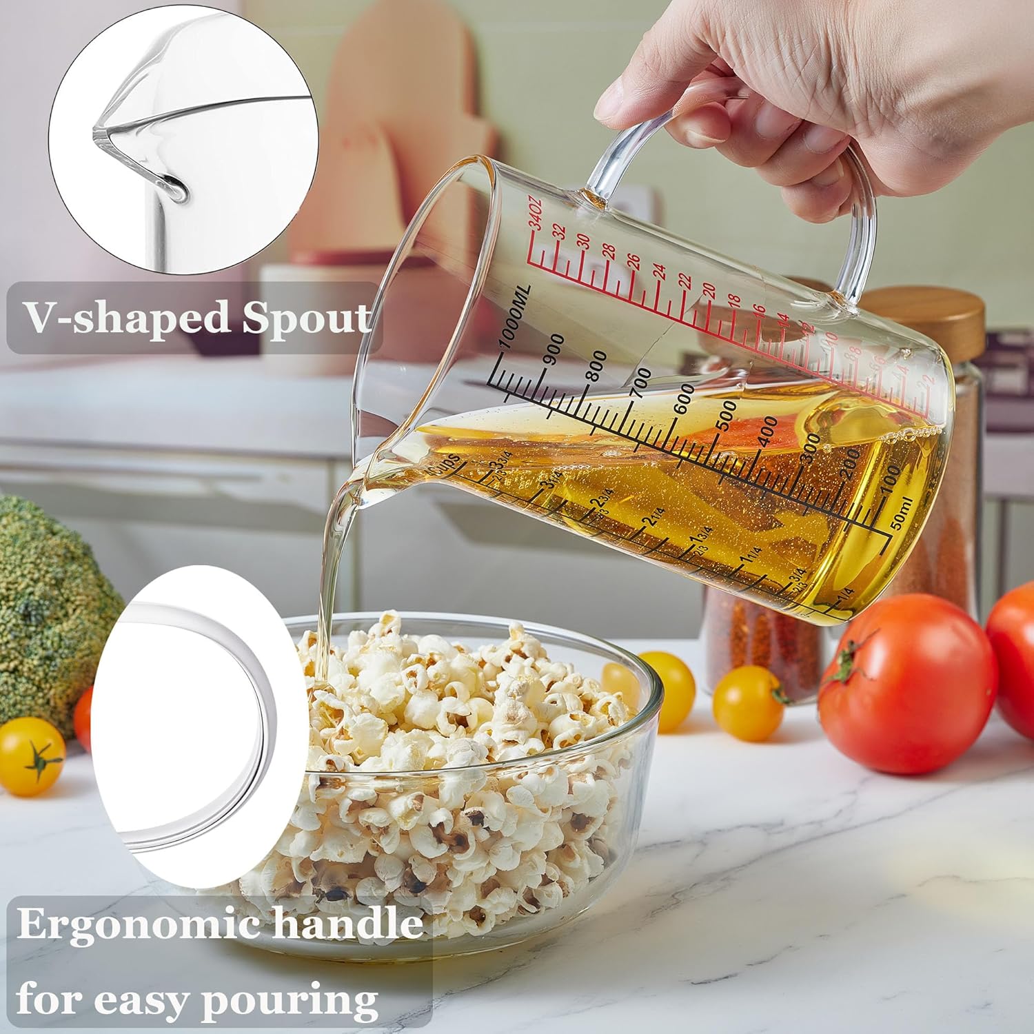 Glass Measuring Cup-[Insulated handle | V-Shaped Spout]-Made of High Borosilicate Glass Measuring Cup for Kitchen or Restaurant, Easy to Read, 1000 ML (32 Oz — image 2