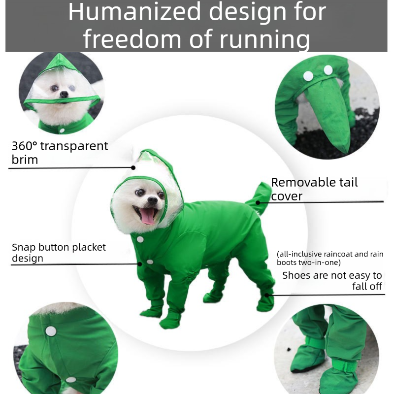 Red M size Full Coverage Pet Raincoat Jumpsuit Waterproof Dog Rain Suit with Attached Shoes and Tail Cover-Lightweight Hooded Dog Poncho for Small Dogs — image 4