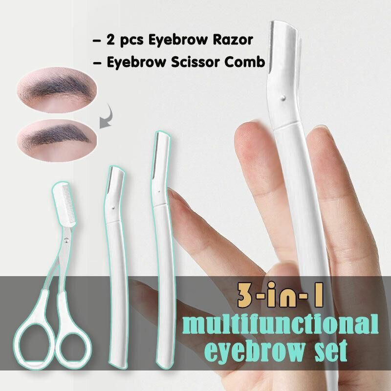 3Pcs Eyebrow Razor Set Facial Hair Remover Dermaplaning Shaving Tool Kit - Clear eyebrow razor*2+Scissor comb — image 2