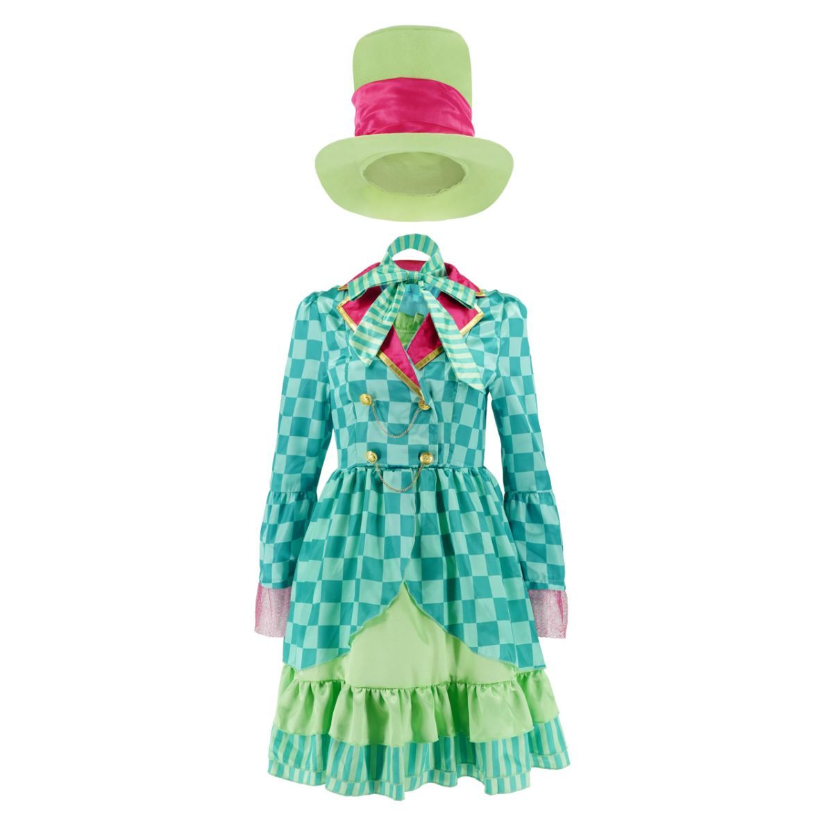 Hatter Costume Women Mad Tea Party Halloween Cosplay Dress with Bowtie Top Hat Leggings Mardi Gras Parade Outfits - Green - Size XS — image 5