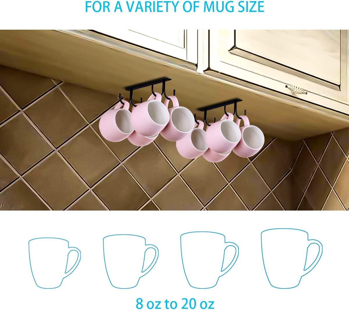 Under Cabinet Industrial Mug Holder - Space-Saving Hanging Rack for Mugs, Cups & Kitchen Accessories - 4 Hooks - 2 Pack — image 6