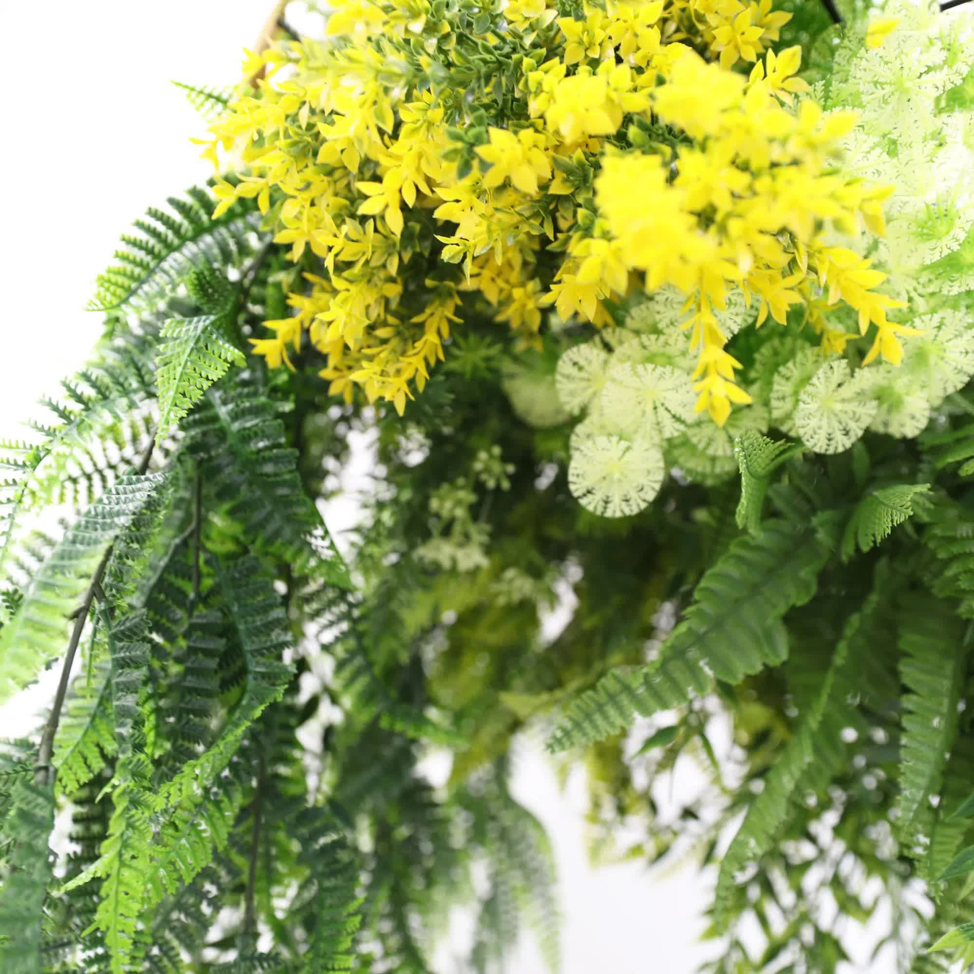 Gold Framed Roof Hanging Disc With Bright Tropical Foliage Mix and Draping Ferns 40cm UV Resistant โ image 4